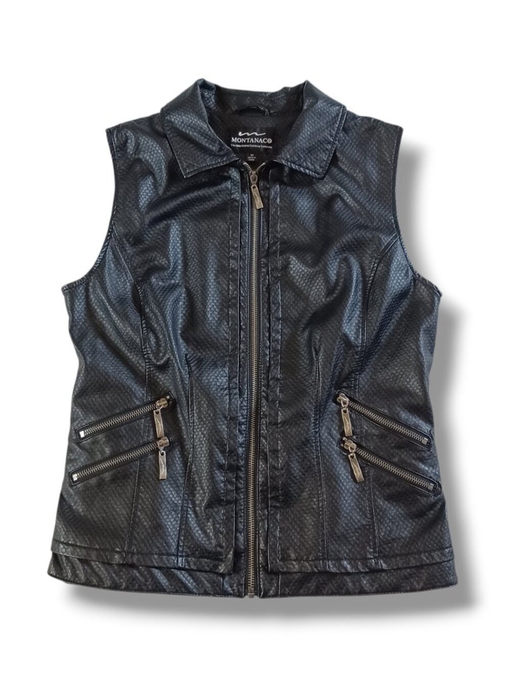 Montanaco Women's Faux Leather Vest Black Stretch Paisley Lining Size M